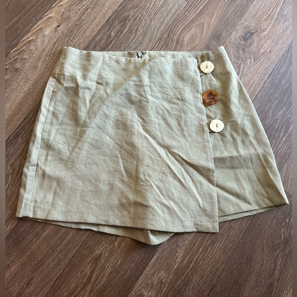 Sage Olive Button-Front Wrap Skort